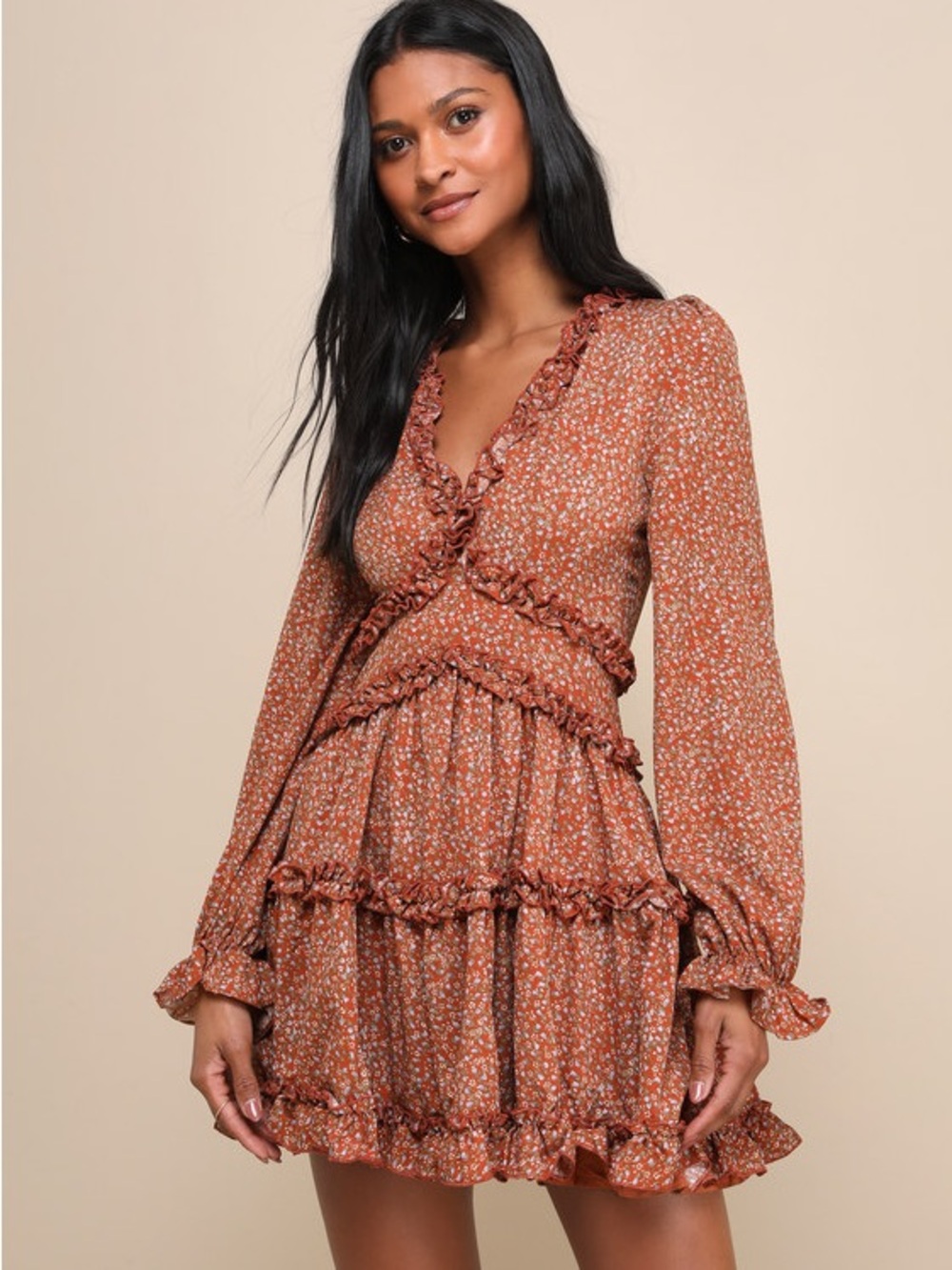 Lulu's Admire You Rust Floral Ruffle Tiered Mini Dress | Best for a Large